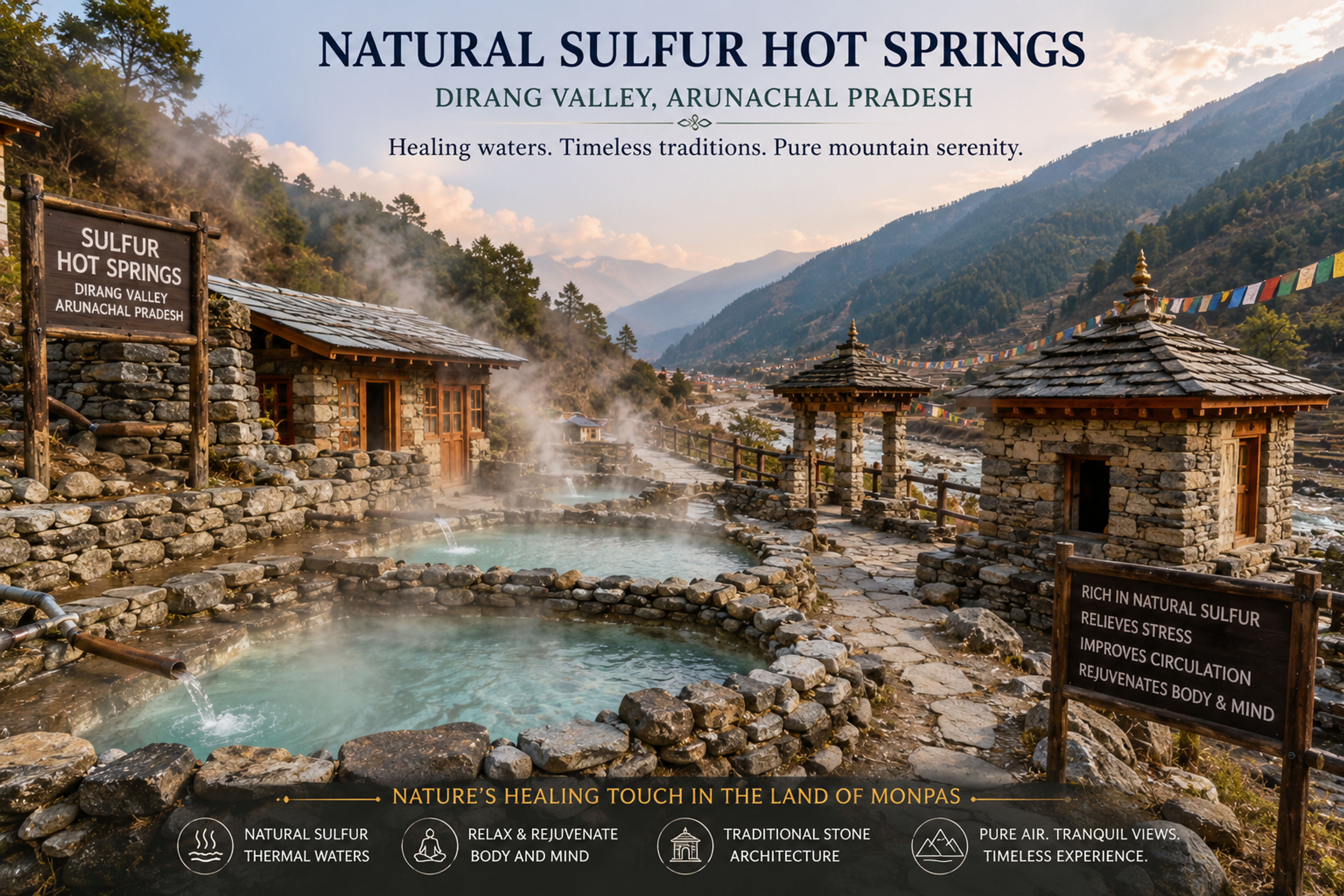Natural sulfur hot springs in Dirang Valley Arunachal Pradesh showing steam and stone architecture.]