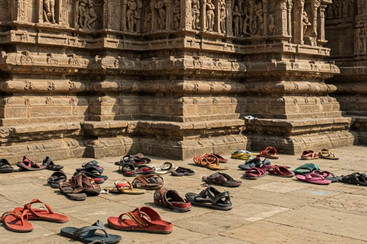 Cultural etiquette in Arunachal Pradesh: removing footwear at the Tawang Monastery.]