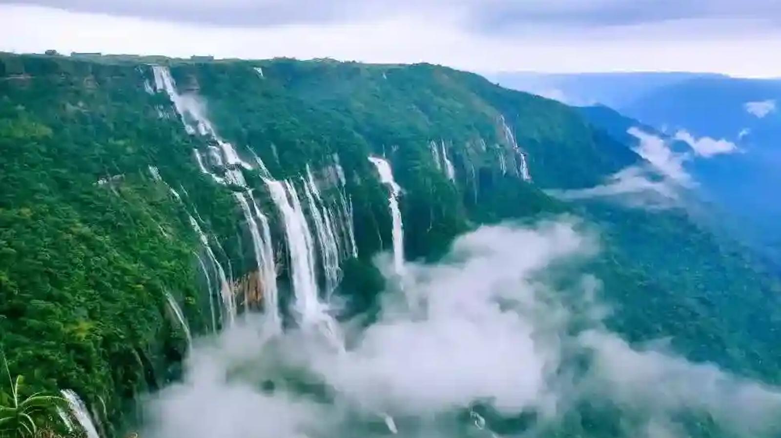 Panoramic view of Seven Sisters Waterfall (Nohsngithiang Falls) in Cherrapunji, Meghalaya during monsoon.