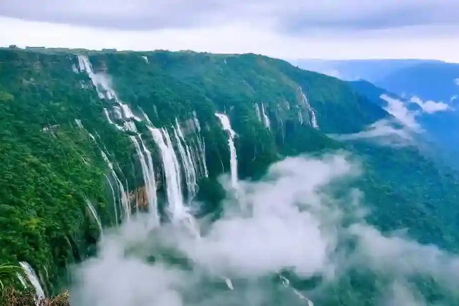 Panoramic view of Seven Sisters Waterfall (Nohsngithiang Falls) in Cherrapunji, Meghalaya during monsoon.