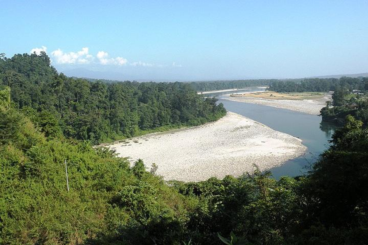 Scenic Kameng River flowing through Bhalukpong near Pakke Tiger Reserve, a tourist place in Arunachal Pradesh.