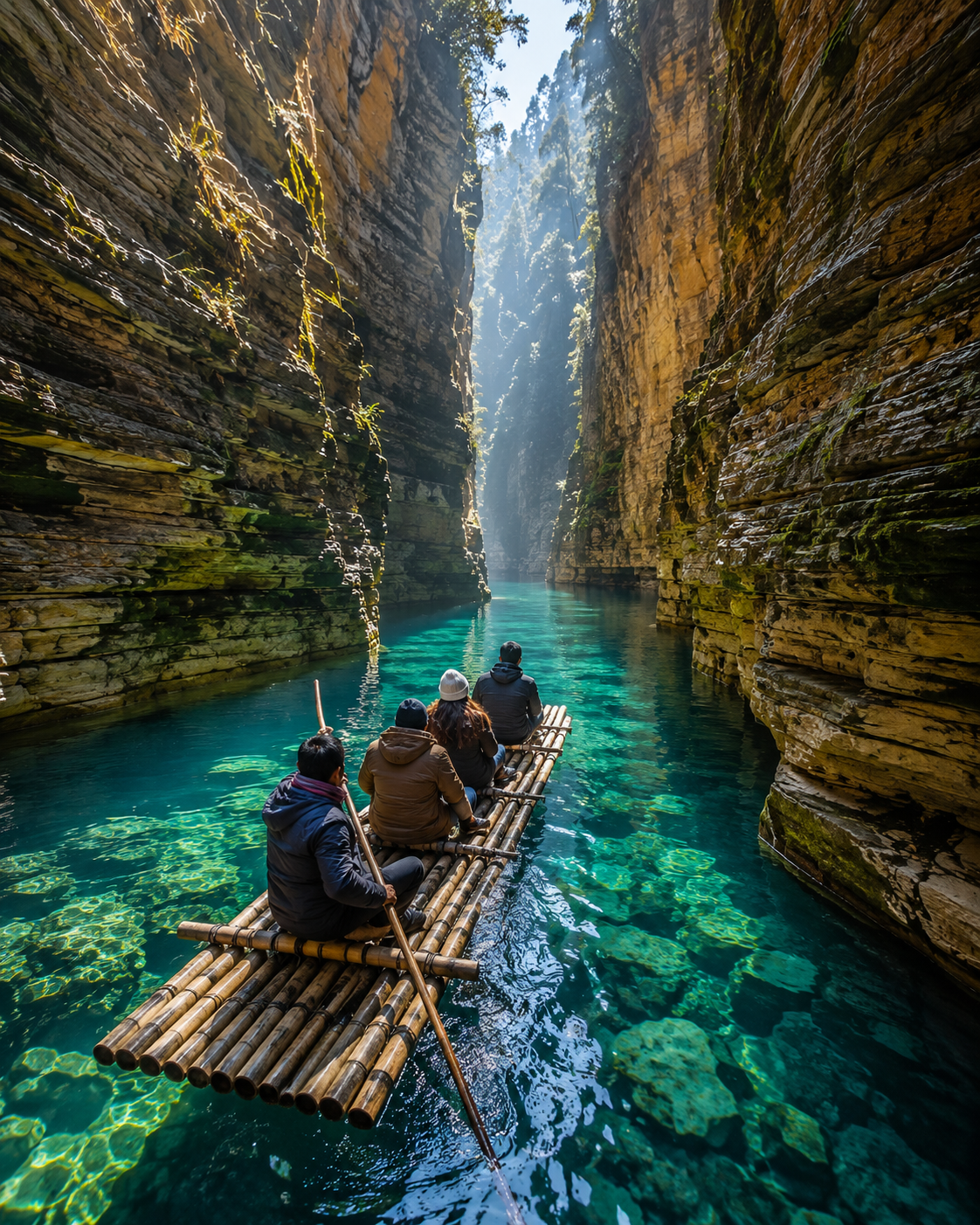 Travelers on a traditional bamboo raft exploring the deep turquoise waters inside Wari Chora canyon during the winter season.