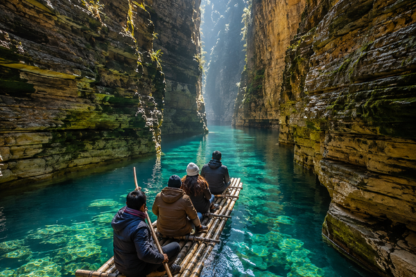 Travelers on a traditional bamboo raft exploring the deep turquoise waters inside Wari Chora canyon during the winter season.