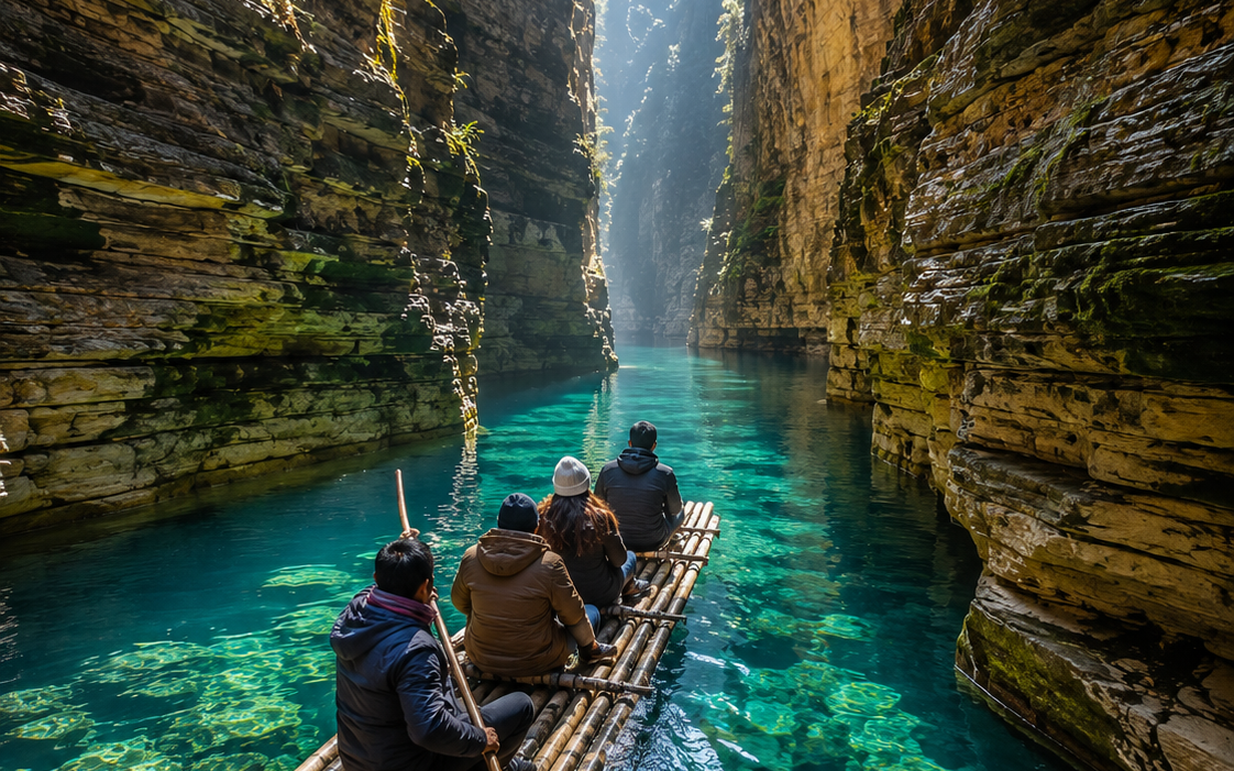 Travelers on a traditional bamboo raft exploring the deep turquoise waters inside Wari Chora canyon during the winter season.