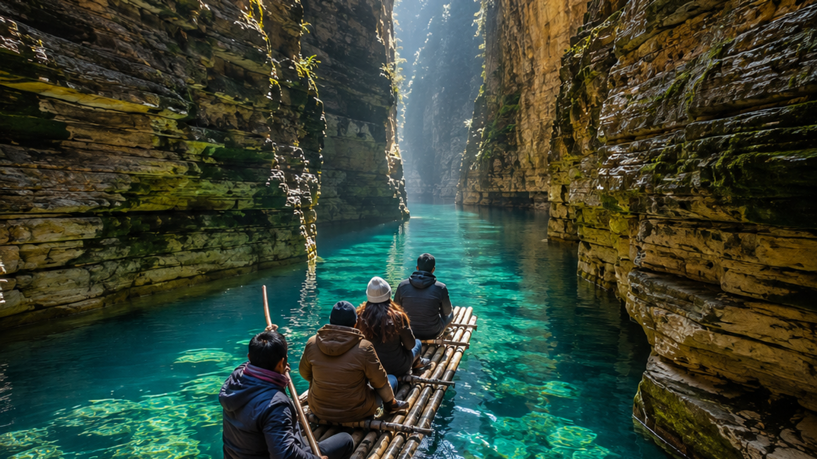 Travelers on a traditional bamboo raft exploring the deep turquoise waters inside Wari Chora canyon during the winter season.