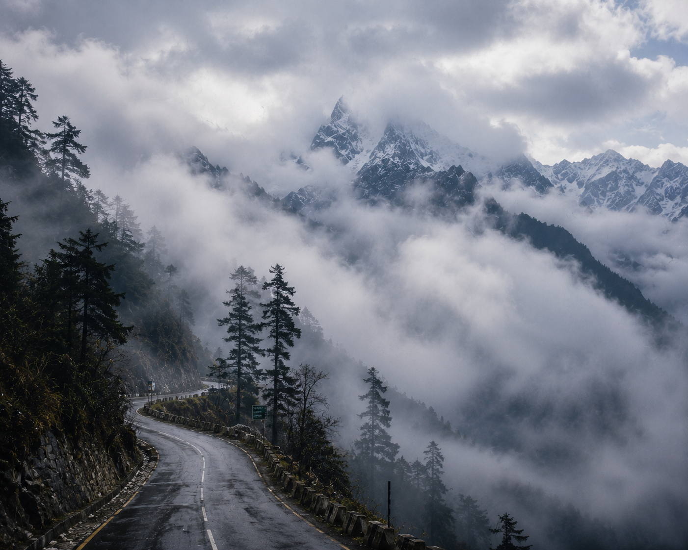 "A cinematic view of a mountain road in Sikkim being slowly enveloped by soft white clouds, with the dark silhouettes of pine trees and sharp mountain peaks peeking through the mist."