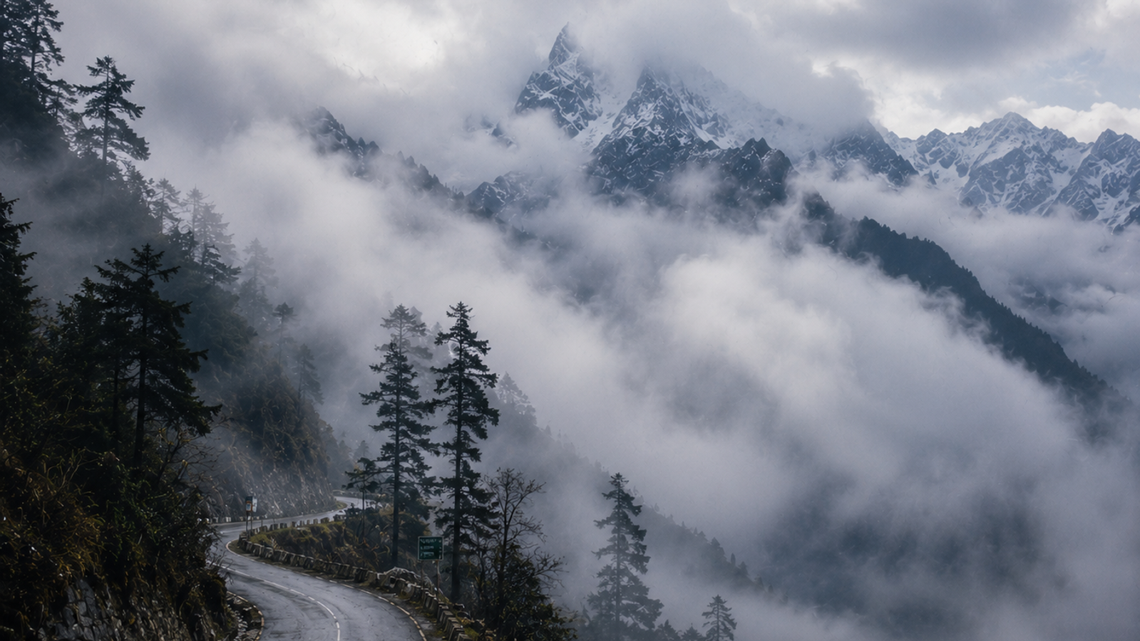 "A cinematic view of a mountain road in Sikkim being slowly enveloped by soft white clouds, with the dark silhouettes of pine trees and sharp mountain peaks peeking through the mist."