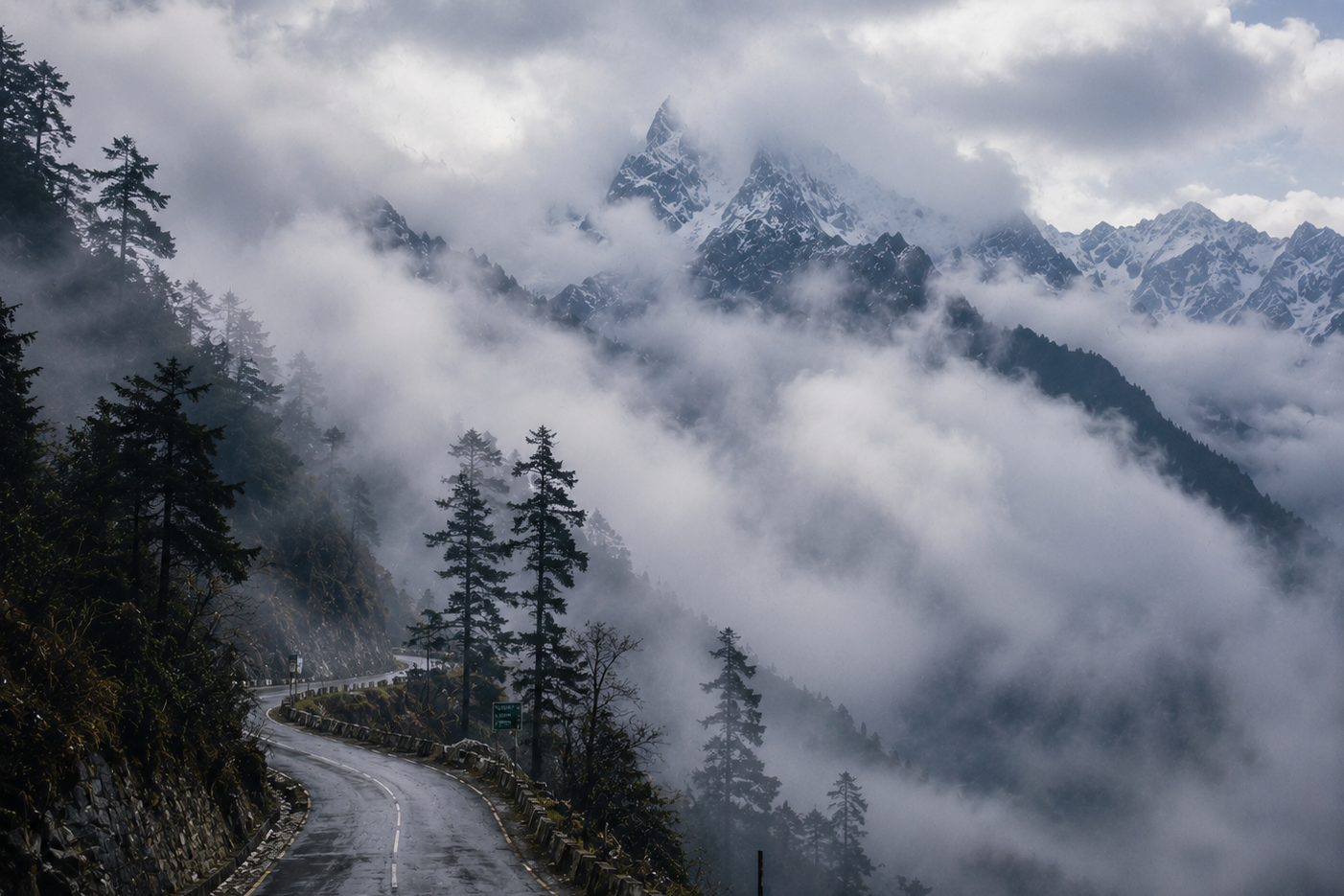 "A cinematic view of a mountain road in Sikkim being slowly enveloped by soft white clouds, with the dark silhouettes of pine trees and sharp mountain peaks peeking through the mist."
