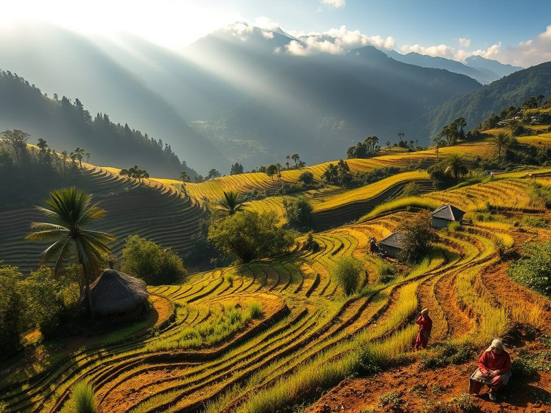 Panoramic view of Ziro Valley rice fields with pine-covered hills in Arunachal Pradesh