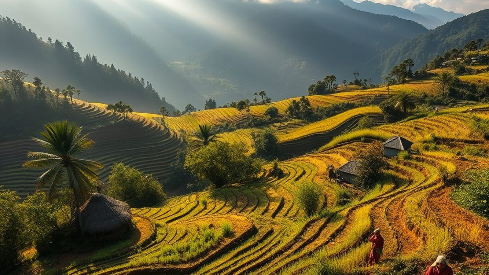 Panoramic view of Ziro Valley rice fields with pine-covered hills in Arunachal Pradesh