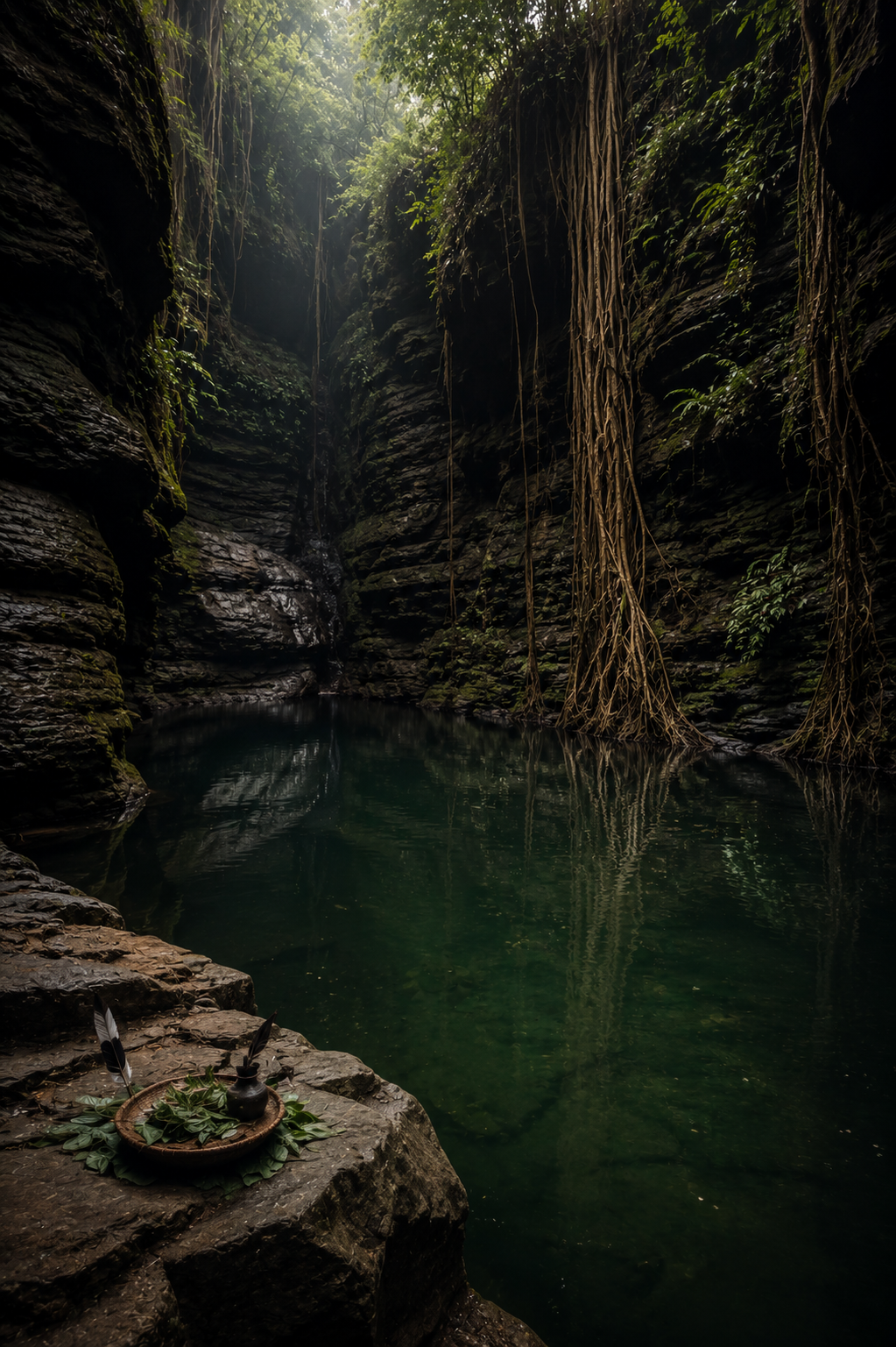 A cinematic, vertical view of Wari Chora canyon in Meghalaya, showing a traveler paddling a canoe down a narrow turquoise river between towering limestone cliffs."