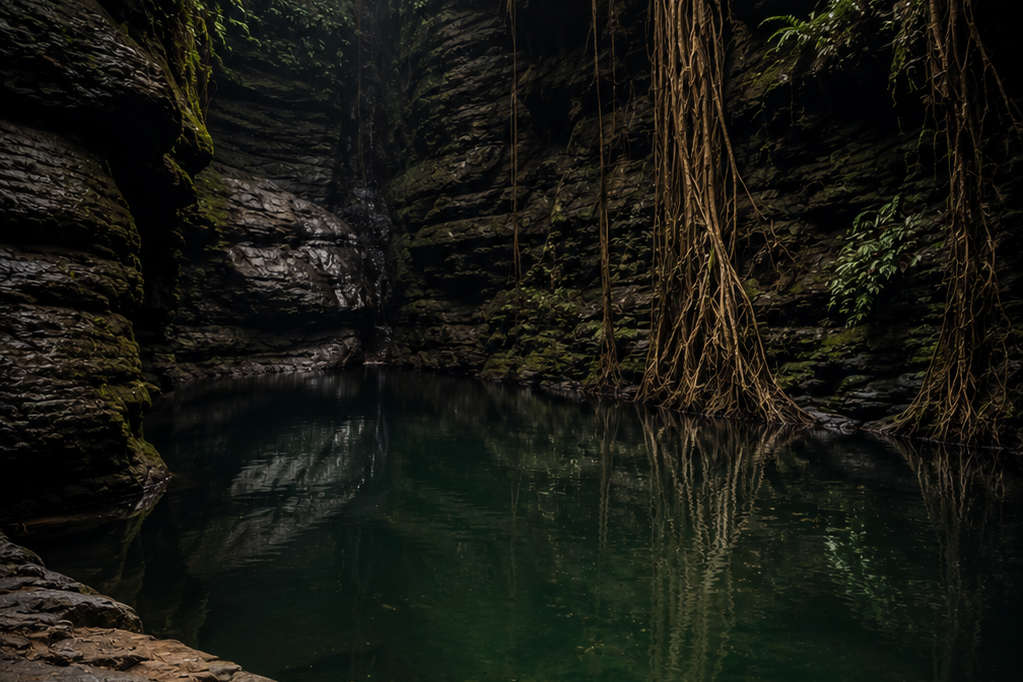 A quiet, deep green pool enclosed by dark rock cliffs and hanging roots inside Wari Chora, reflecting sacred tribal folklore."
