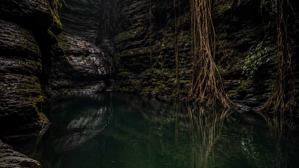 A cinematic, vertical view of Wari Chora canyon in Meghalaya, showing a traveler paddling a canoe down a narrow turquoise river between towering limestone cliffs."