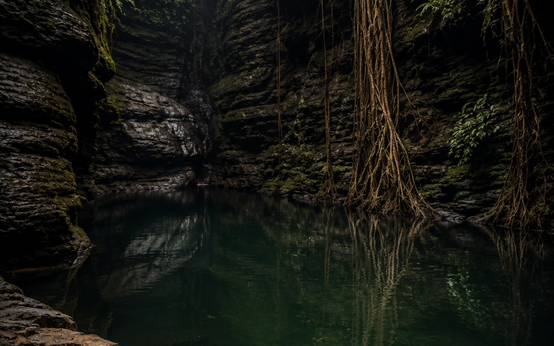 A cinematic, vertical view of Wari Chora canyon in Meghalaya, showing a traveler paddling a canoe down a narrow turquoise river between towering limestone cliffs."