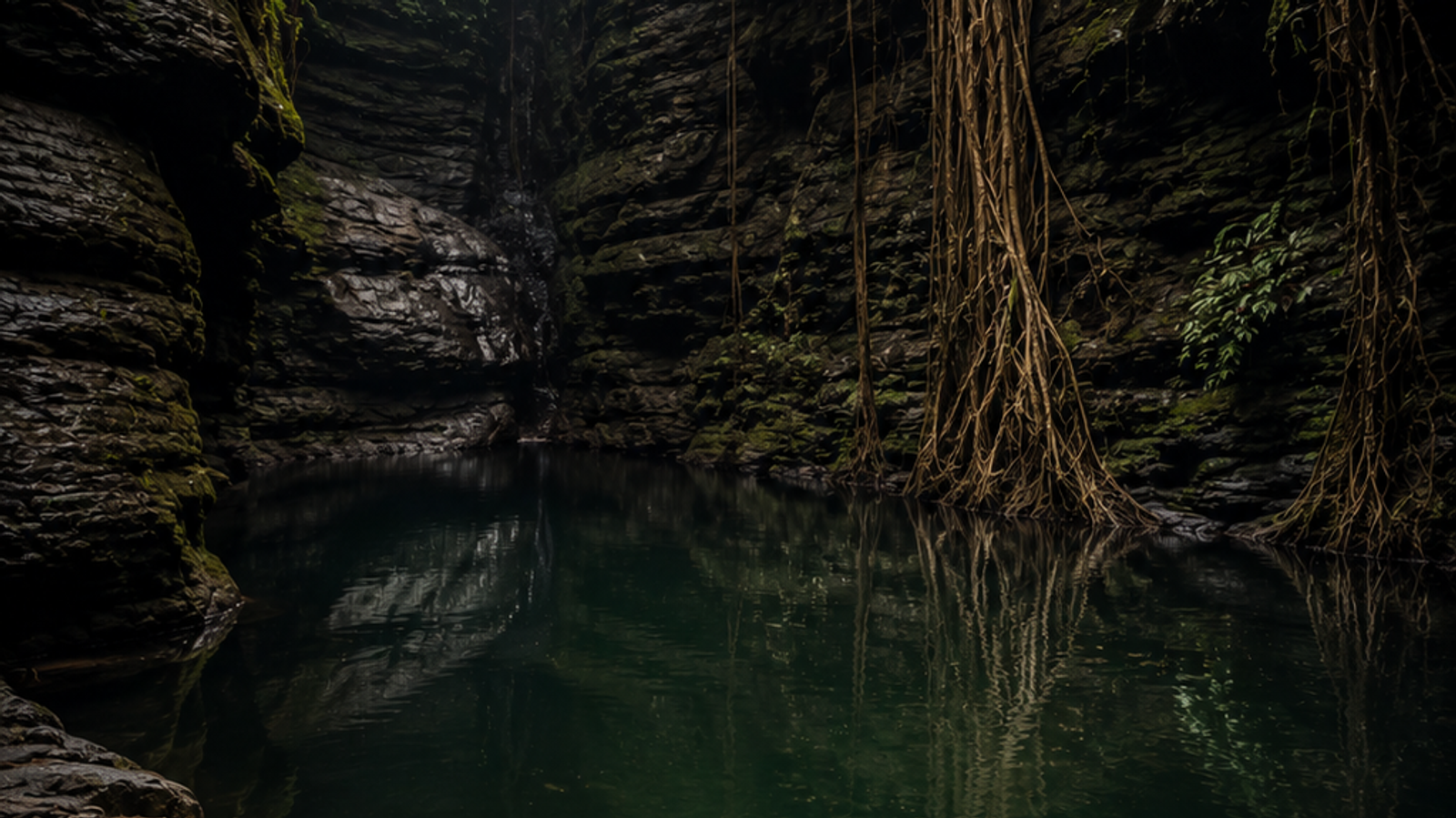 A cinematic, vertical view of Wari Chora canyon in Meghalaya, showing a traveler paddling a canoe down a narrow turquoise river between towering limestone cliffs."