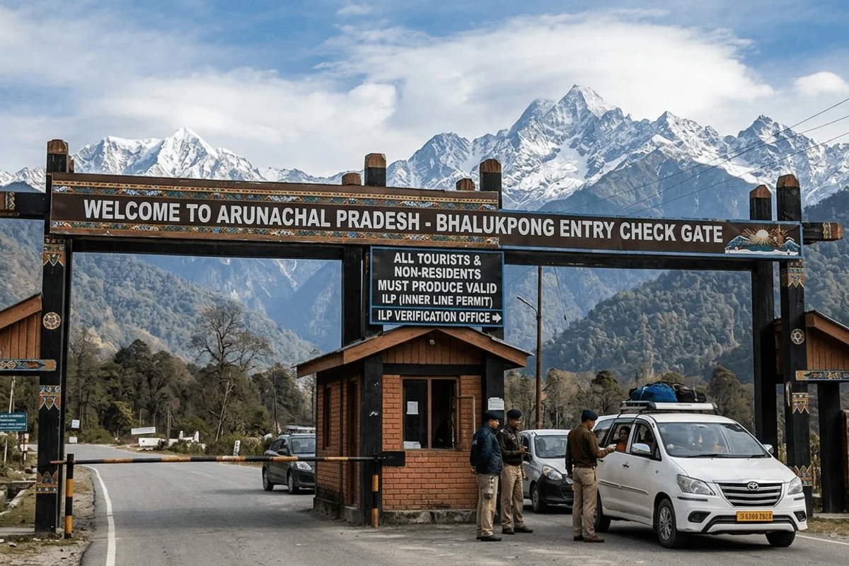Arunachal Pradesh border entry gate at Bhalukpong with snowy Himalayan peaks in the background.