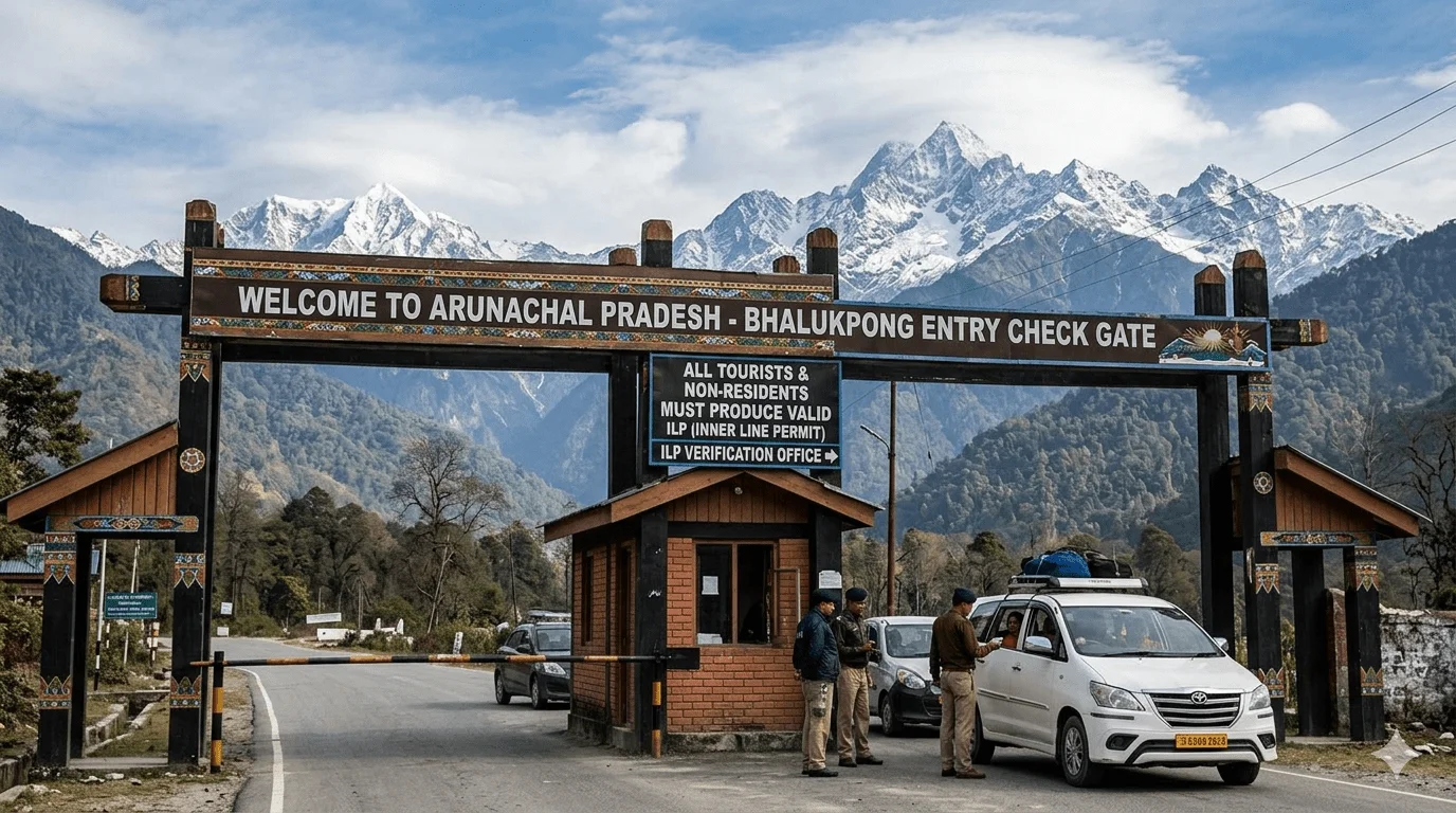 Arunachal Pradesh border entry gate at Bhalukpong with snowy Himalayan peaks in the background.