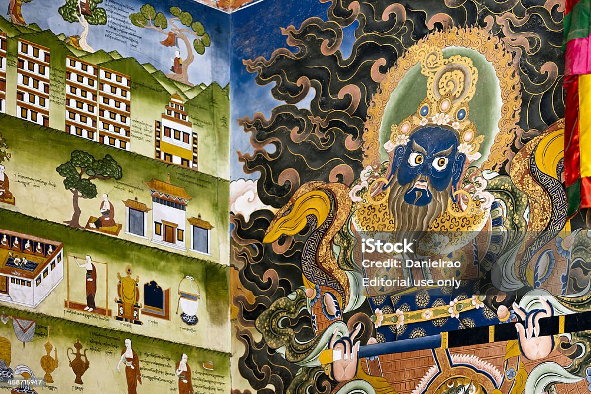 Intricate Buddhist murals inside a Tawang monastery, showcasing Monpa artistic heritage.