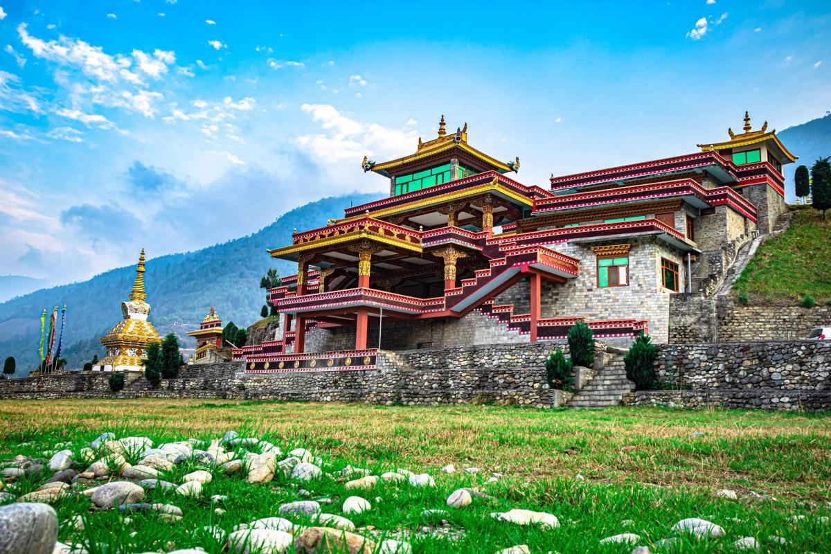 The peaceful Dirang Monastery overlooking the Dirang Valley, surrounded by the Eastern Himalayas in Arunachal Pradesh.