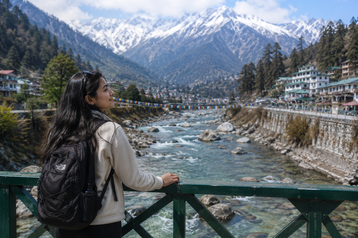 "A solo female traveler standing on a bridge over a clear mountain river in Sikkim, looking peaceful and secure."