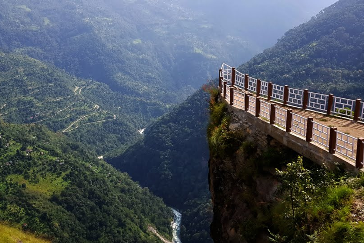 Ship-shaped rock formation overlooking the deep valleys of South Sikkim near Ravangla.