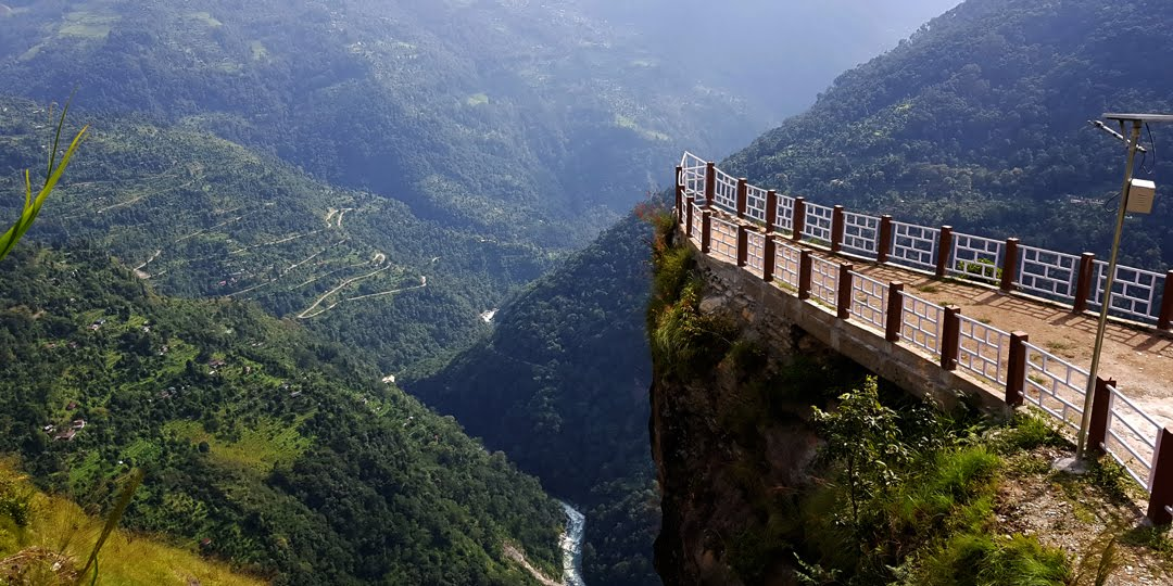 Ship-shaped rock formation overlooking the deep valleys of South Sikkim near Ravangla.