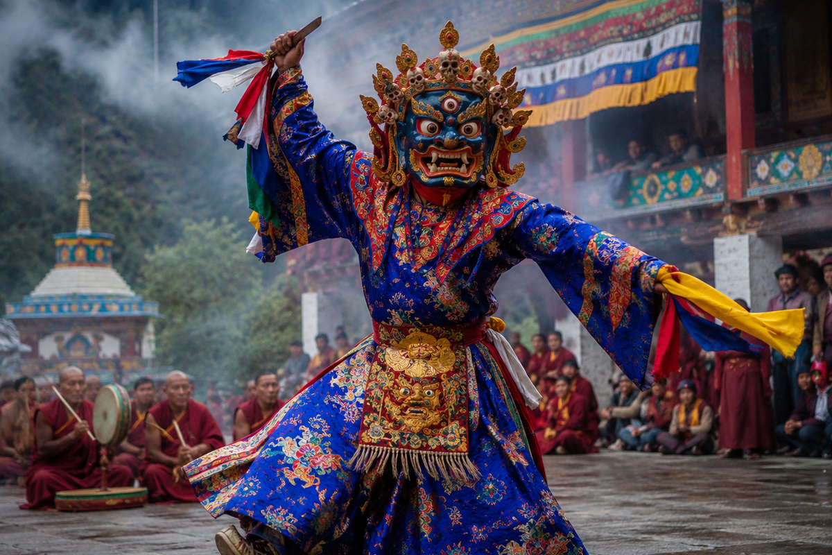 A monk wearing a vibrant blue silk robe and a traditional carved wrathful deity mask performing the sacred Cham dance in a misty monastery courtyard in Sikkim.