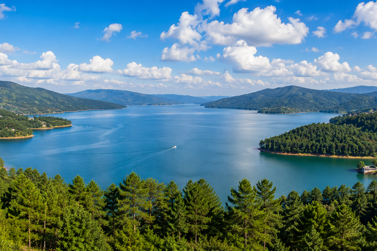 Wide panoramic view of Umiam Lake reservoir in Meghalaya flanked by dense green pine forests under a bright afternoon sky