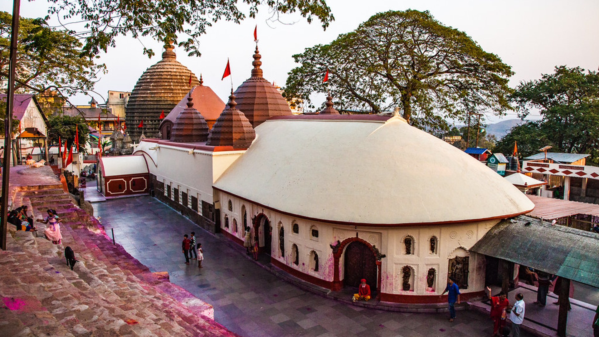 Kamakhya Temple on Nilachal Hill with the Brahmaputra River and Guwahati city skyline in Assam, Northeast India.