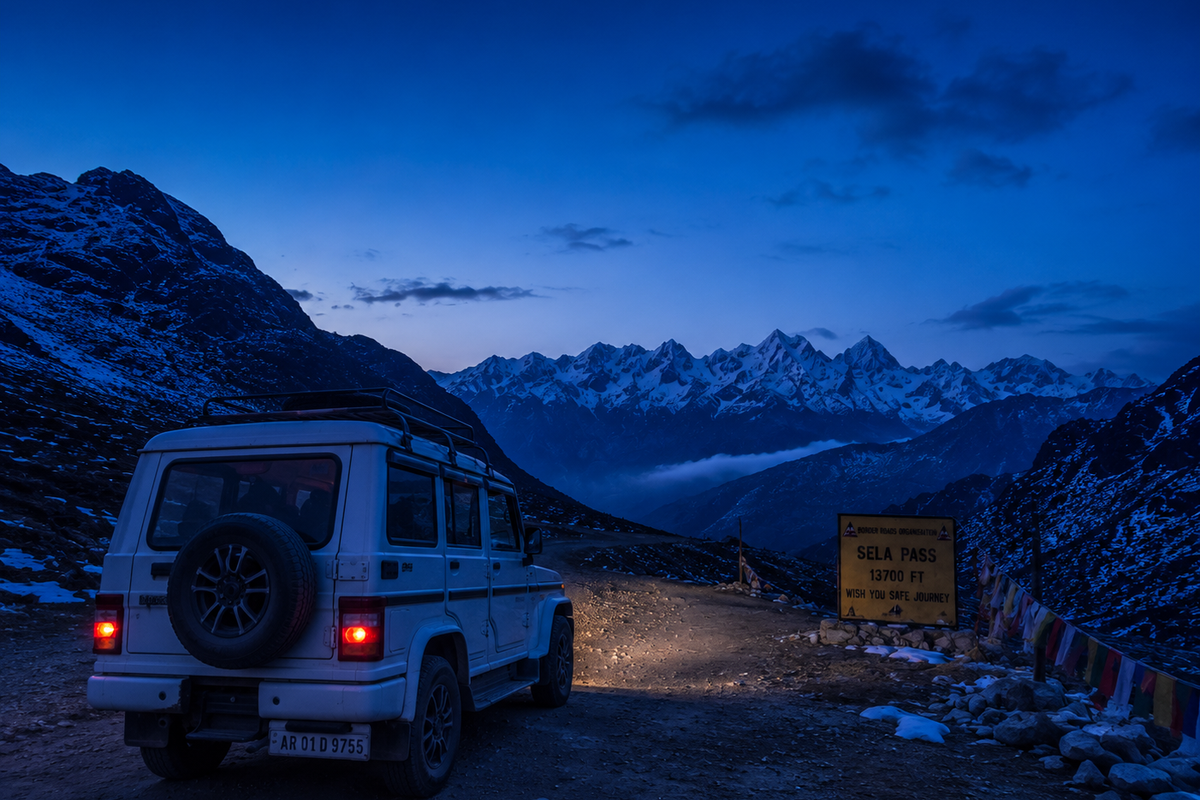 "A white 4x4 SUV parked on a mountain pass in Arunachal Pradesh during the blue hour before a starry night."