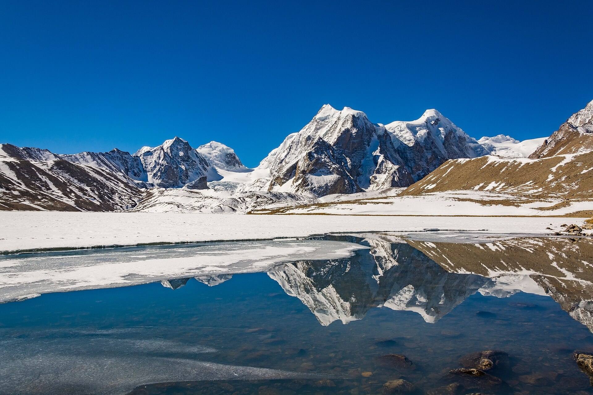 Gurudongmar Lake reflecting snow peaks, North Sikkim