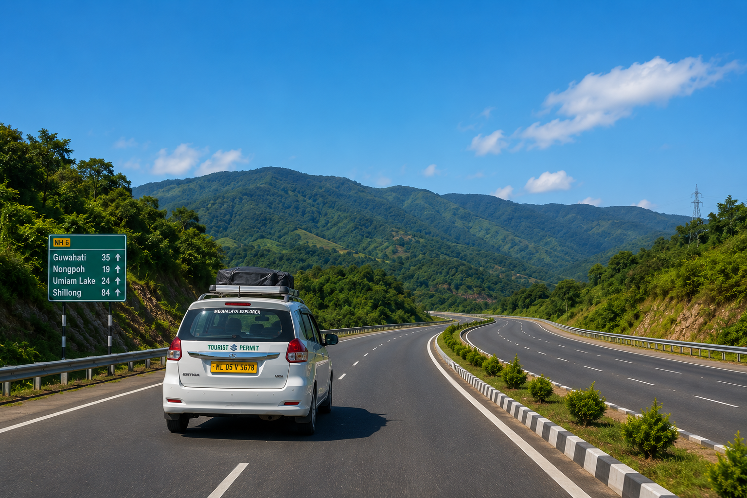 A passenger transport cab driving along the smooth four lane National Highway 6 under a clear blue sky towards the hills of Meghalaya