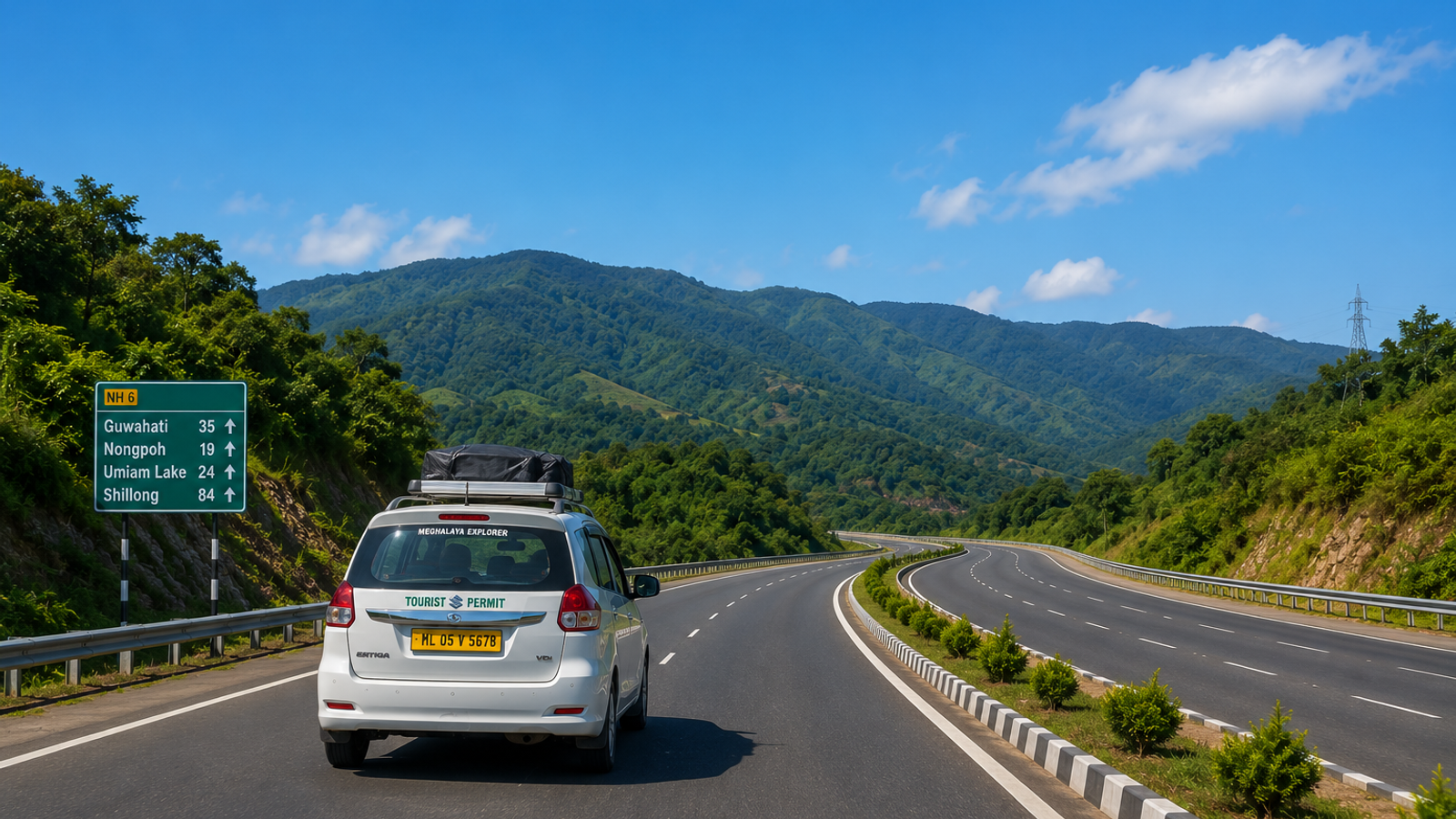 A passenger transport cab driving along the smooth four lane National Highway 6 under a clear blue sky towards the hills of Meghalaya