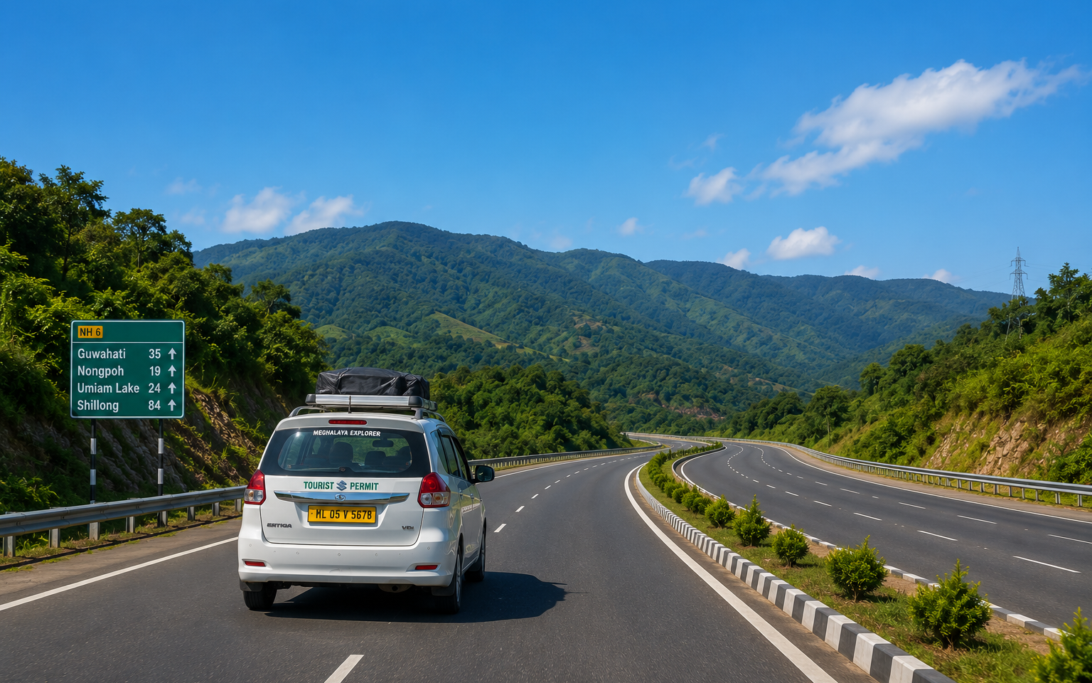 A passenger transport cab driving along the smooth four lane National Highway 6 under a clear blue sky towards the hills of Meghalaya