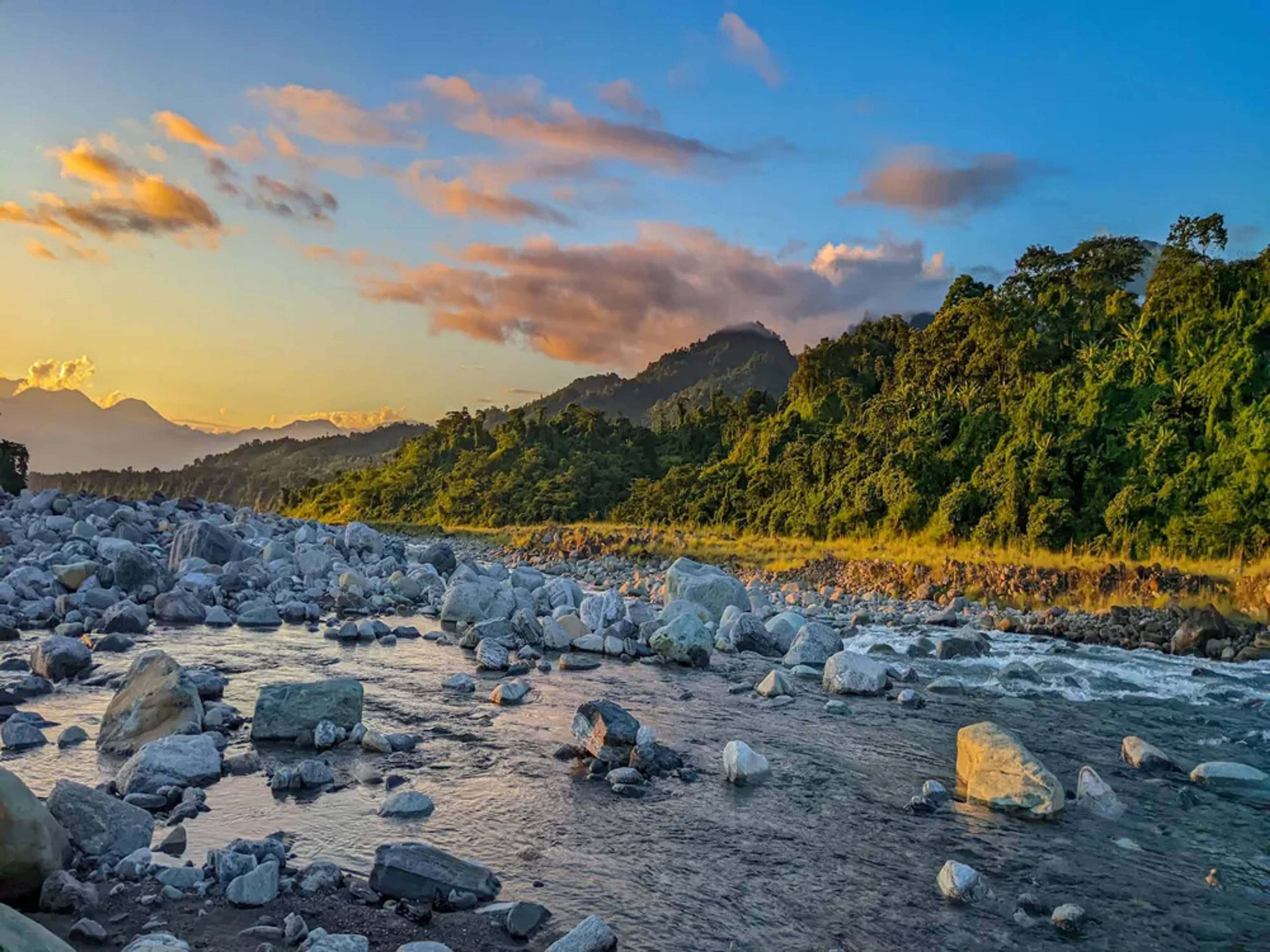 Scenic view of the Deopani River at Iphi-Pani Ghat, a popular angling and sunset spot in Roing.