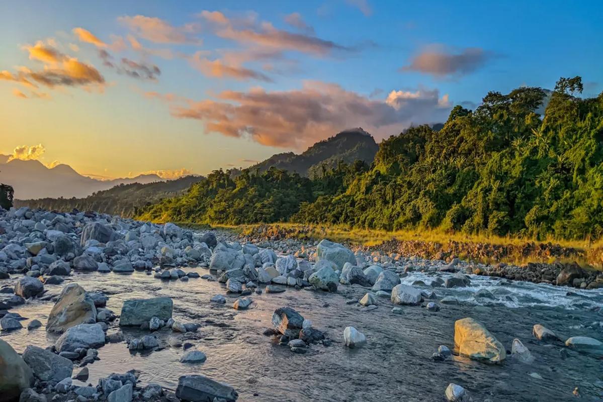 Scenic view of the Deopani River at Iphi-Pani Ghat, a popular angling and sunset spot in Roing.