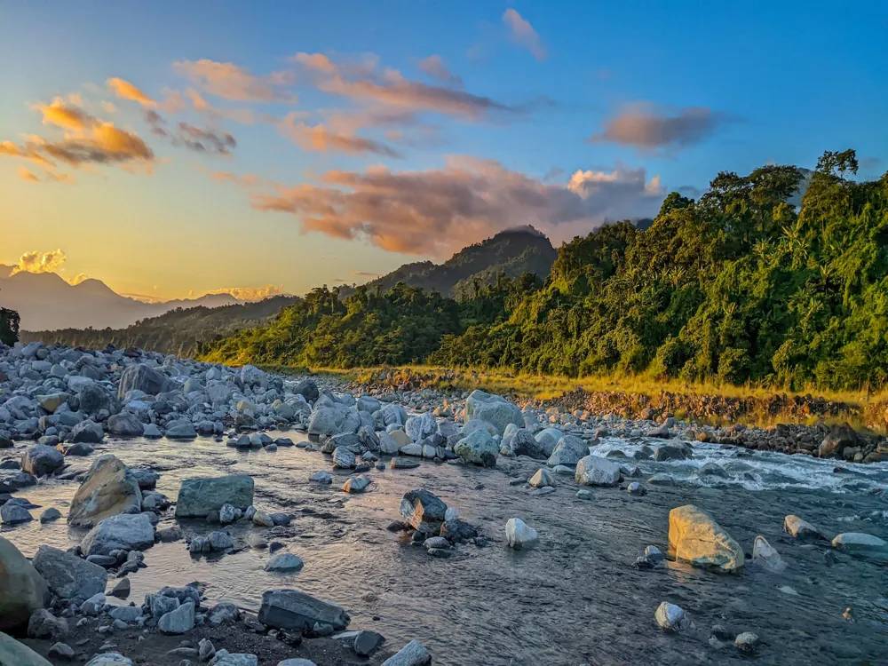 Scenic view of the Deopani River at Iphi-Pani Ghat, a popular angling and sunset spot in Roing.