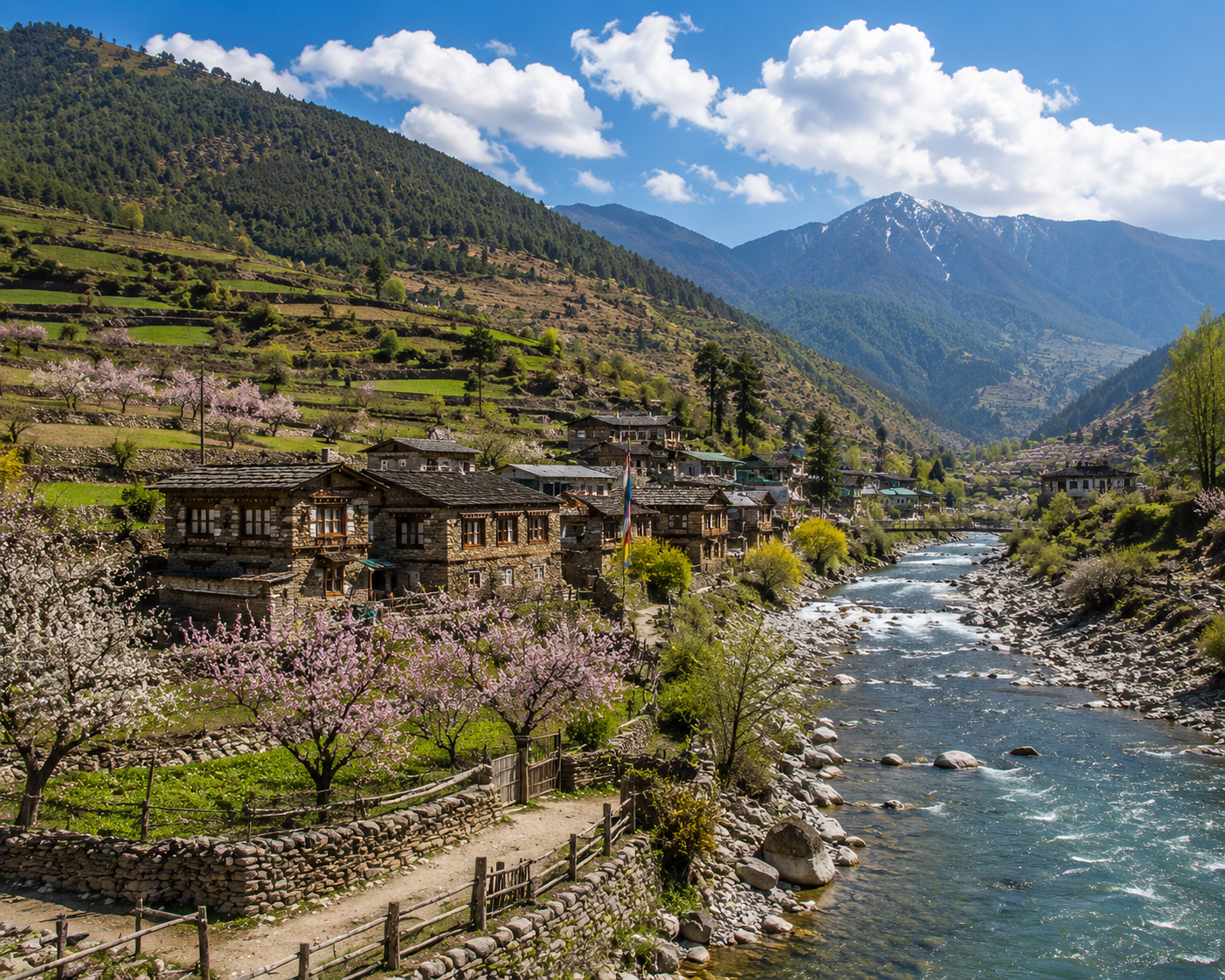 A scenic view of the rural Dirang Valley with traditional stone villages, riverbeds, and terraced orchards surrounded by hills."