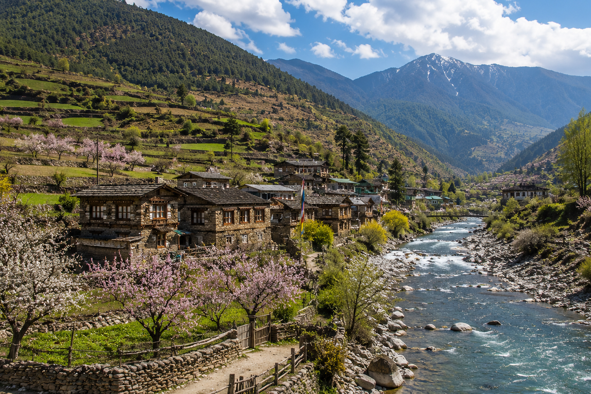 A scenic view of the rural Dirang Valley with traditional stone villages, riverbeds, and terraced orchards surrounded by hills."