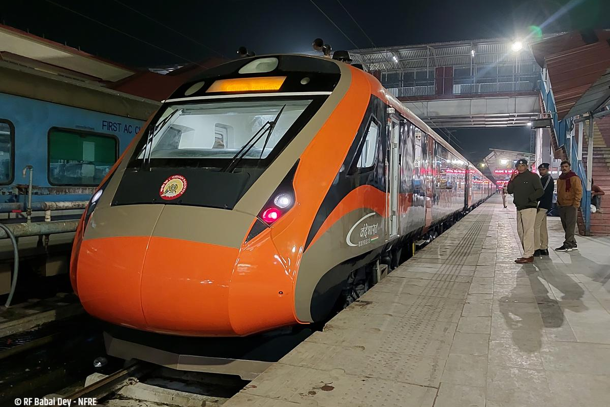 : A modern Vande Bharat Express train at New Jalpaiguri Railway Station (NJP), the main railhead for Sikkim.