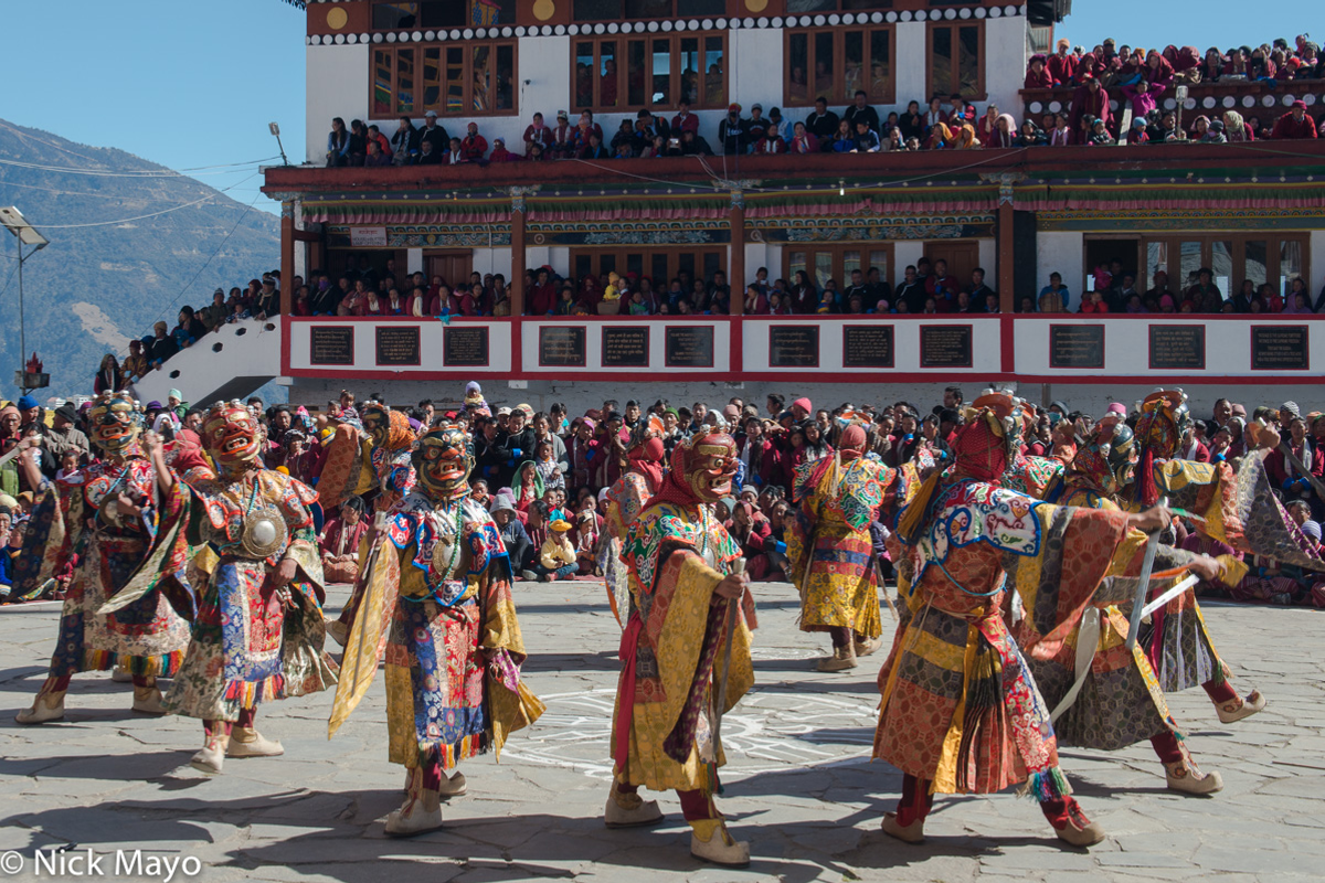 Monpa mask dancers performing the Aji Lhamu during the Torgya Festival in Tawang.