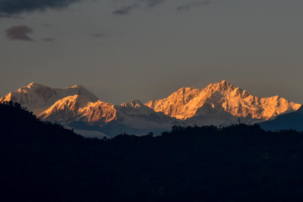 Panoramic view of Kanchenjunga mountain range from a viewpoint in Gangtok, Sikkim.