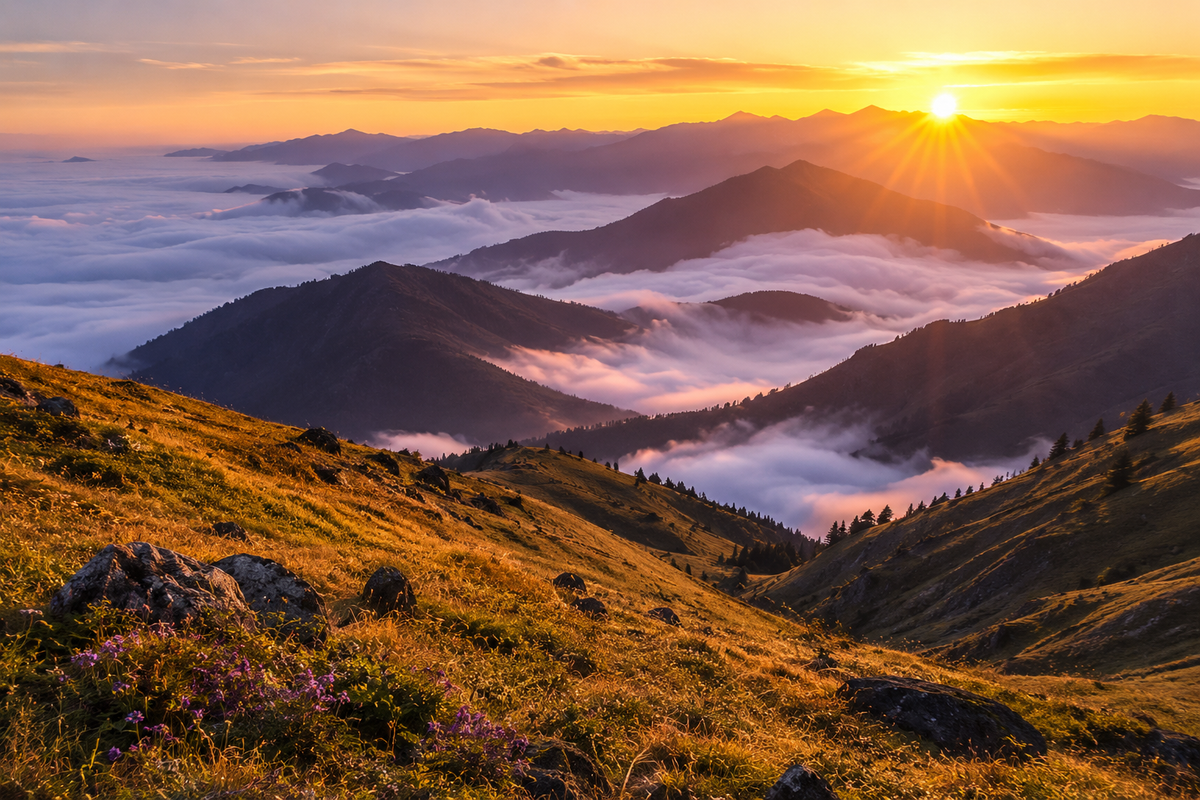 The earliest sunrise in India breaking over the mountain ridges of Dong Valley, illuminating high-alpine grassy meadows and deep valley mists.