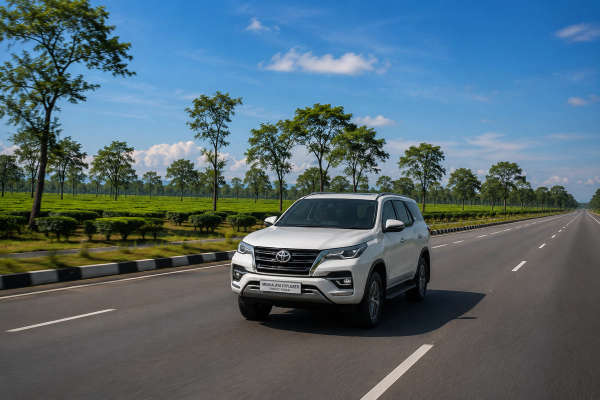 A private rental SUV cruising smoothly on the flat national highway stretch with tea gardens in the background moving from Kaziranga to Shillong