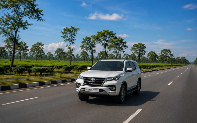 A private rental SUV cruising smoothly on the flat national highway stretch with tea gardens in the background moving from Kaziranga to Shillong