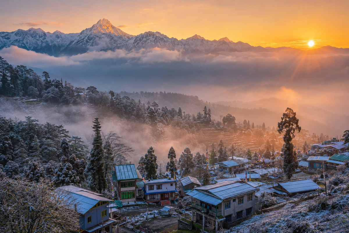 A scenic winter sunrise over the village of Ravangla, Sikkim, showing mist-covered pine forests, traditional houses, and the distant snowy Himalayas.