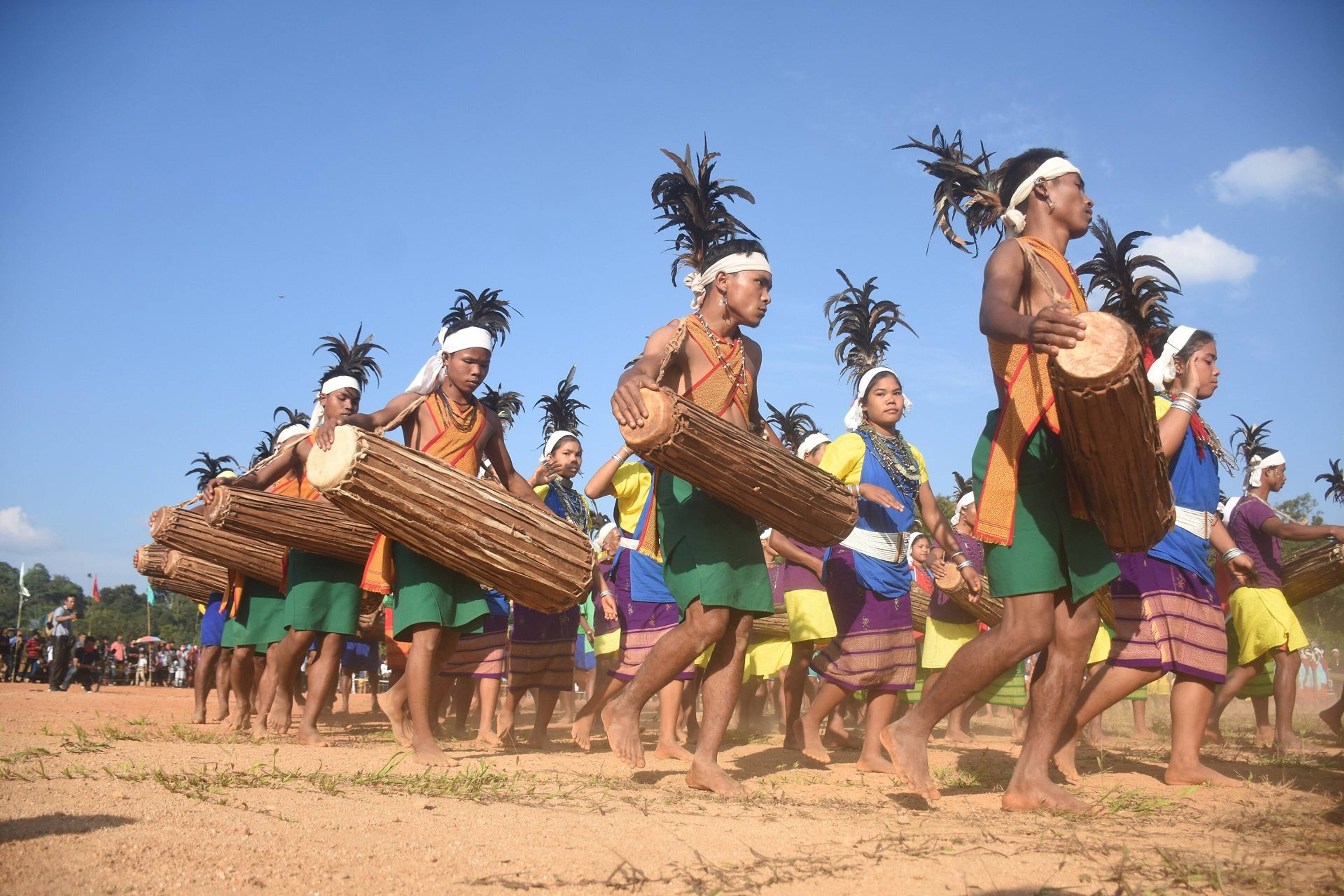 Garo drummers in traditional dress at the Wangala 100 Drums Festival. Photo: Visma kumar / Wikimedia Commons (CC BY-SA 4.0)