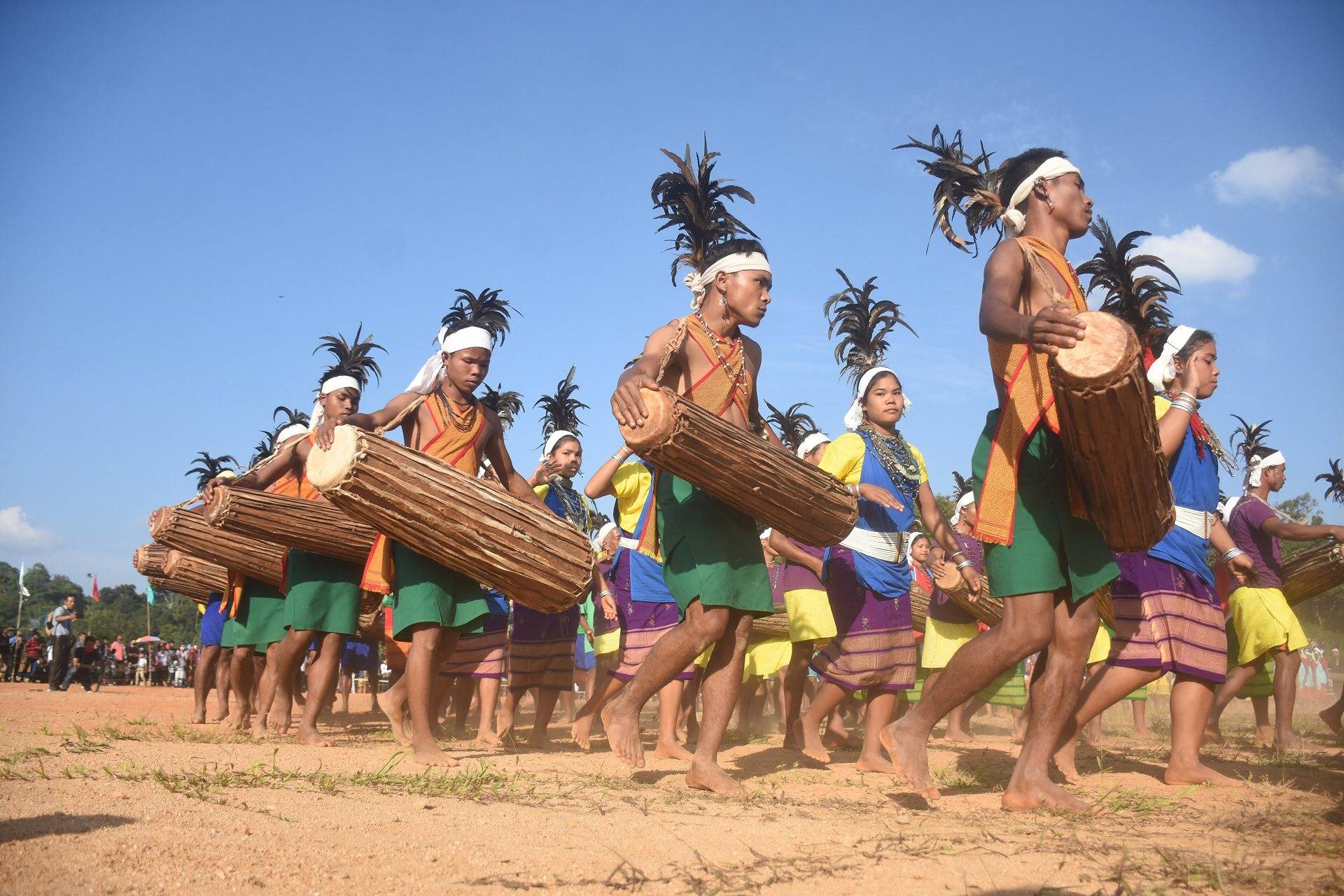 Garo drummers in traditional dress at the Wangala 100 Drums Festival. Photo: Visma kumar / Wikimedia Commons (CC BY-SA 4.0)