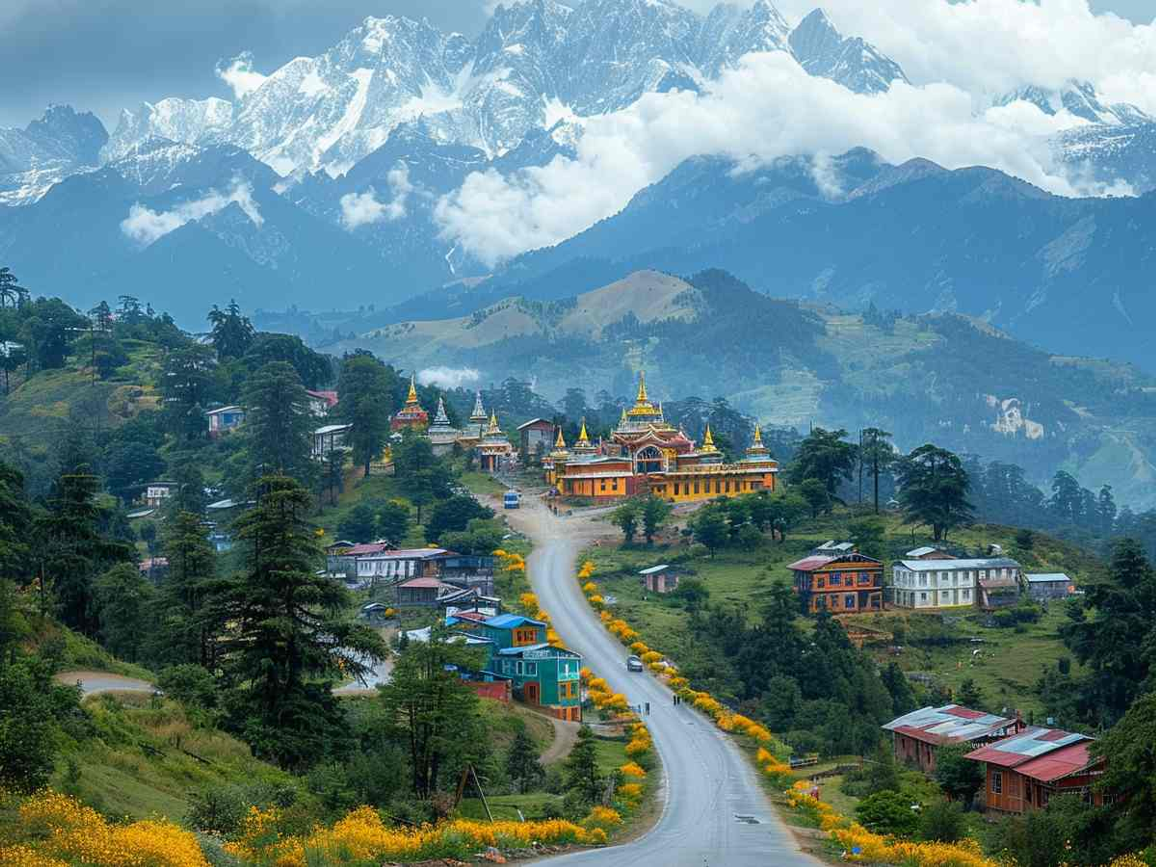 cenic view of Tawang Monastery featuring golden spires, a flower-lined road, and the snowy Himalayas behind.