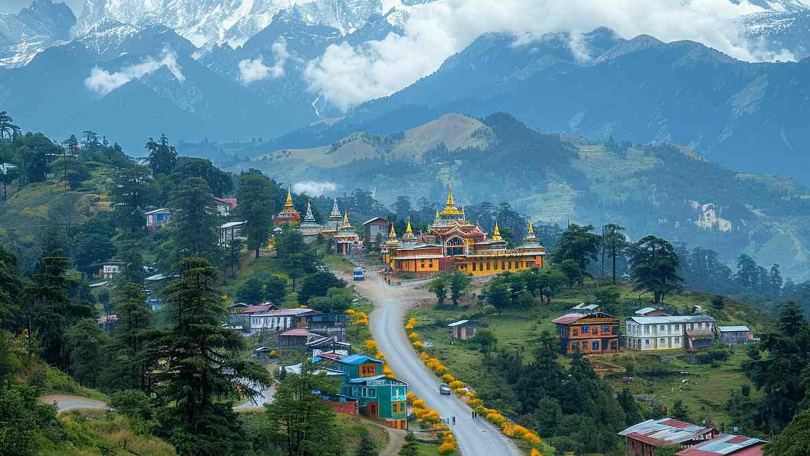 cenic view of Tawang Monastery featuring golden spires, a flower-lined road, and the snowy Himalayas behind.